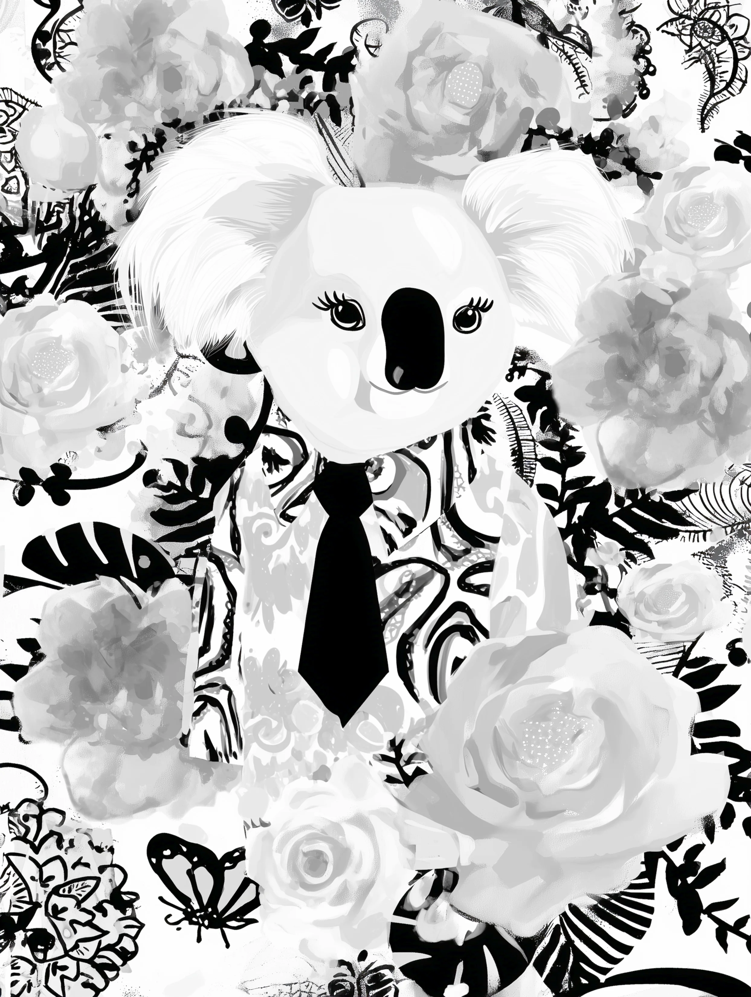 Free printable koala coloring page for adults featuring big roses and koala